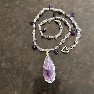 18” Amethyst Crystal Chip Necklace & Pendant Silver Bead Accents Toggle Clasp - Picture 1 of 14