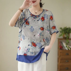 Lady Ethnic Floral Blouse Chinese Shirt Frog Button Loose Cotton Linen Top Retro - Picture 1 of 5
