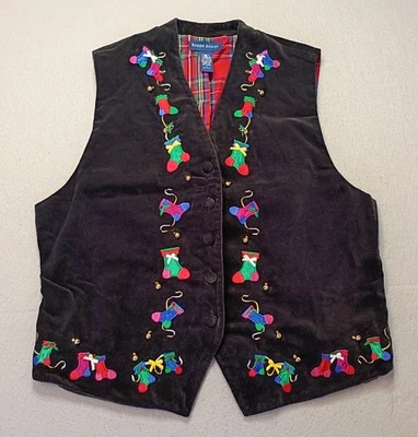 VTG 90s Karen Scott Women Christmas Velour Vest Large Black Stockings Bells  - Image 1 of 4