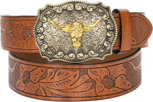 Cintura Western Cowboy Cowgirl in pelle - cintura con fibbia toro corno lungo in rilievo per uomo - Foto 1 di 9