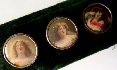 ANTIQUE 3 BRASS SMALL BUTTONS.WITH CELLULOID LADY PORTRAITS. - Image 1 of 2