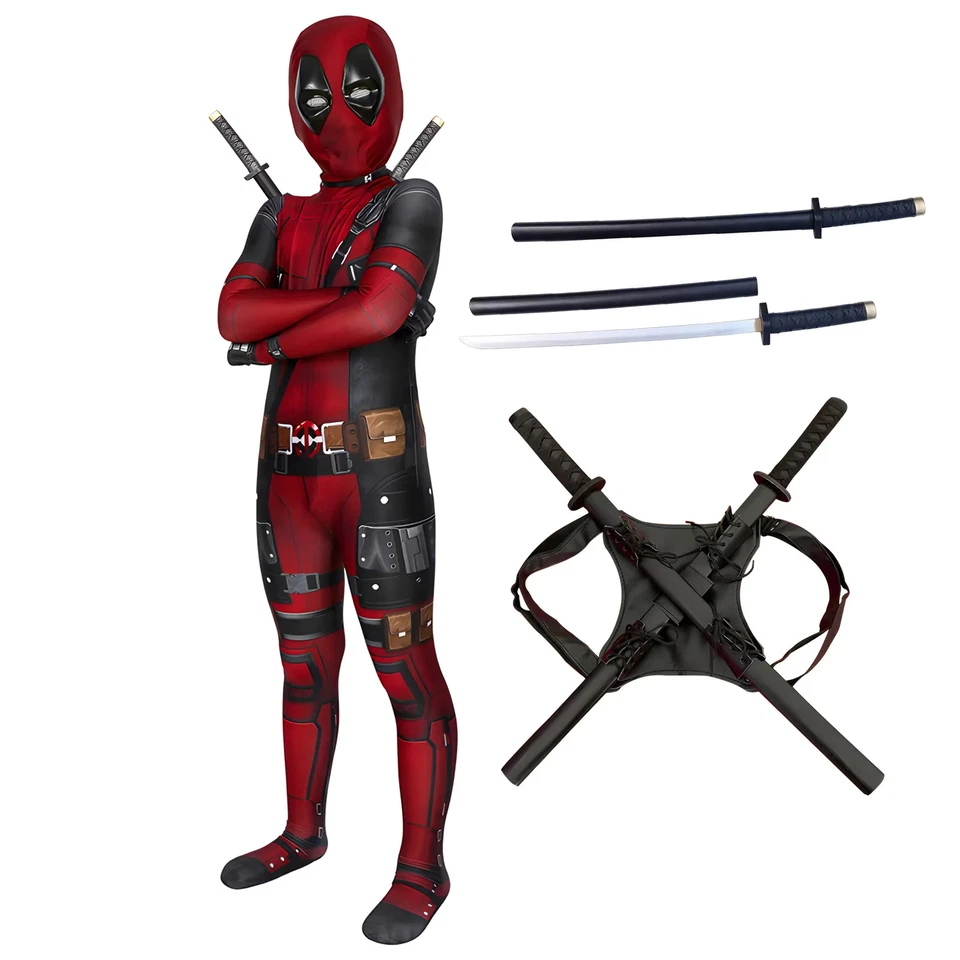 Kids Deadpool Costume Superhero Jumpsuit Child Cosplay Halloween Outfit - Image 1 of 4