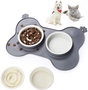 pet Dog Double Bowls with mat ,Slow Feeder Dog Bowls,Water and Food Feeder Bowls - Picture 1 of 7