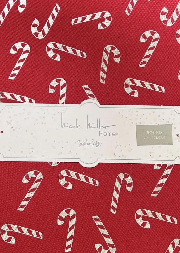 "Mantel Nicole Miller rojo Navidad bastón de caramelo 70"" redondo plateado" Foto 1 de 1