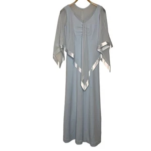 Vintage 70s Size Medium Blue Chiffon Capelette Dress Full Length Gown Satin Trim - Picture 1 of 8