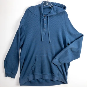 Waffelstrick Henley Hoodie Herren 2XL Relaxed Fit Blau | Wetterfest Vintage - Bild 1 von 11