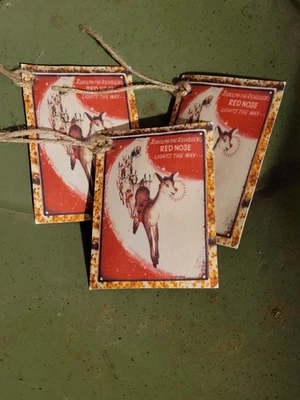 6 Primitive Christmas Rudolph reindeer Gift Hangtags Handcut Handpunched  Sealed - Image 1 of 3