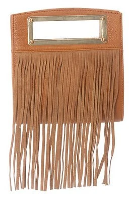 Nila Anthony Leather Suede Fringe Purse Handbag in Brown and Gold  - Image 1 of 4