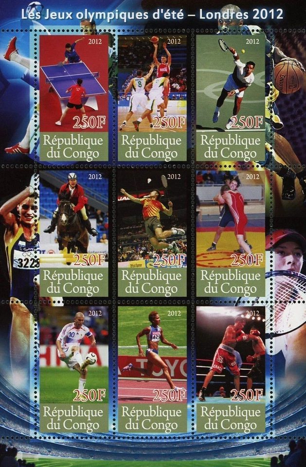 Congo London Olympic Games 2012 Athlet Sport Souvenir Sheet of 9 Stamps Mint NH - Image 1 of 1
