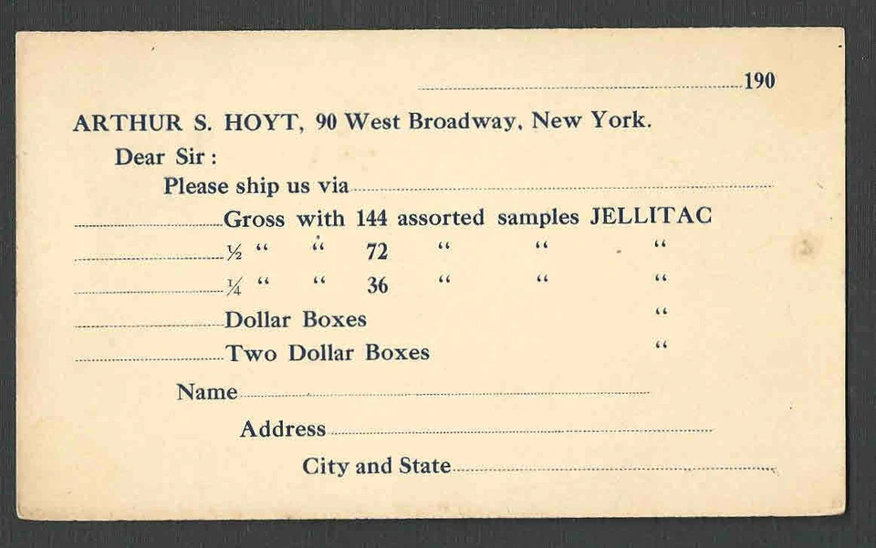 Ca 1909 PC ARTHUR S HOYT NYC, JELLITAC NO CHEMICAL PASTE FOR WALLPAPER UNPOSTED - Image 1 of 1
