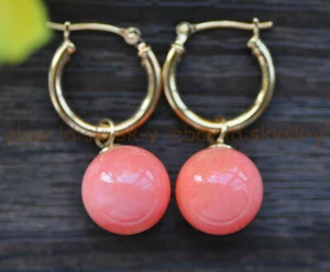 Pretty Coral Pink Shell Pearl Round Beads Dangle Gold-plated Leverback Earrings - Picture 1 of 7