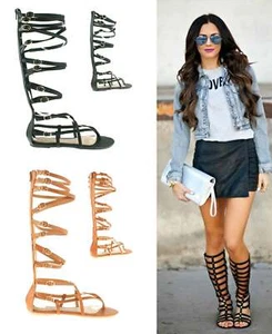 SEÑORAS MUJERES GLADIADOR SANDALIAS DE TIRAS PLANAS HASTA LA RODILLA CREMALLERA BOTAS ZAPATOS TALLA - Imagen 1 de 14