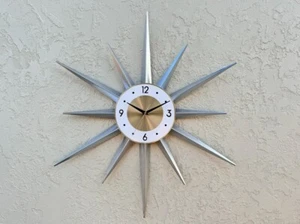 30"25"Silver Wall Atomic Clock Starburst Clock 1970 George Nelson Sunburst Style - Picture 1 of 14