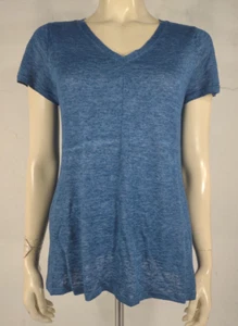 Eileen Fisher blue 100% Linen V-Neck short sleeve knit top ladies Medium Petite - Picture 1 of 7