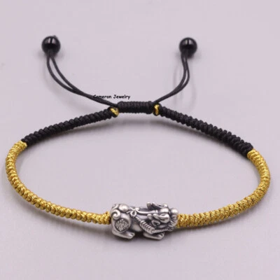 Pure S925 Sterling Silver Men Women Wealth Dragon Pixiu Woven Bracelet Adjust - Image 1 of 4