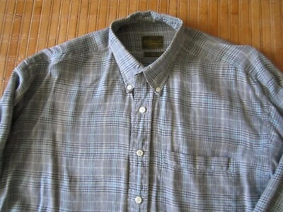 Camisa de lino vintage años 60 azul/gris a cuadros cuello abotonado, mediana Foto 1 de 4
