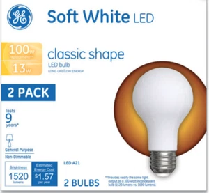 2 Pack GE Soft White LED Classic Shape Bulb 13 Watt 100 Watt Replacement A21 - Picture 1 of 1