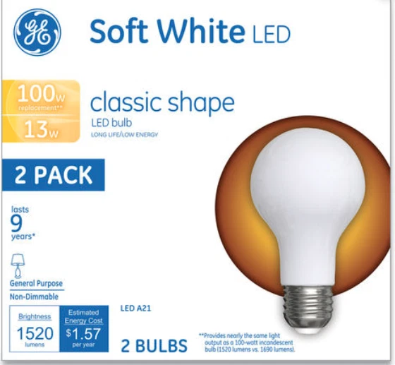 2 Pack GE Soft White LED Classic Shape Bulb 13 Watt 100 Watt Replacement A21 - Image 1 of 1
