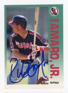 SIGNED BASEBALL CARD AUTO LOS ANGELES ANGELS RUBEN AMARO JR 1992 FLEER #52