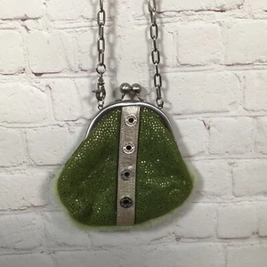 Cole Haan G Series Small Green Shearling Kiss Lock Crossbody Bag Chainlink Strap - Picture 1 of 10