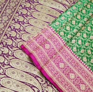 Vintage Sari Green & Purple Heavy Wedding Pure Satin Silk Banarasi Brocade Saree - Picture 1 of 18