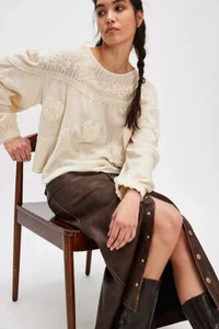 Free People Maisey Knit Blouse Top Floral Lace Embroidered Billowy L New 276931 - Picture 1 of 9