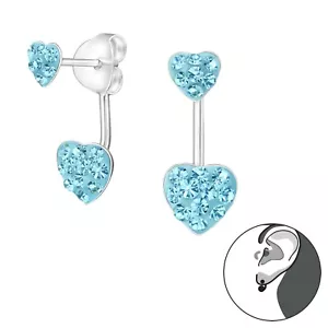 Sterling Silver Aqua color Stud Earrings with Ear Jacket Hearts Anti-Tarnish - Picture 1 of 1