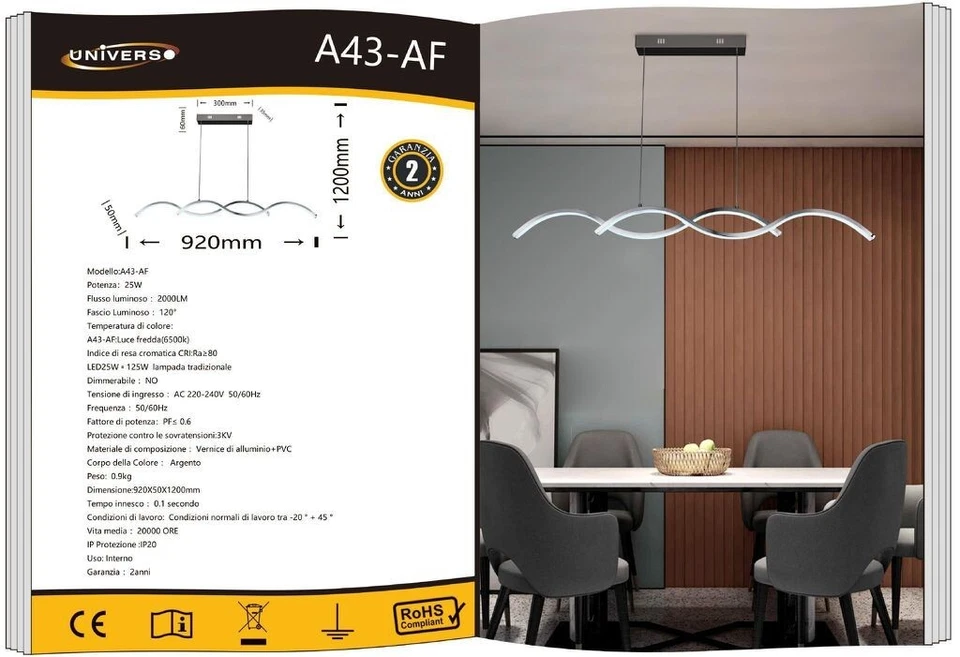 Lampadario LED Design Moderno UNIVERSO A43-AN 25W 2000LM 4000K Argento 120cm - Immagine 1 di 1