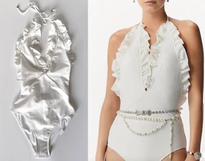 NWT CHANEL 23S CC LOGO ECRU ALL OVER RUFFLE BATHINGSUIT SWIMSUIT BODYSUIT 36 - Picture 1 of 24