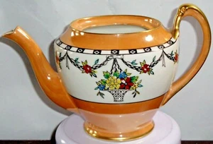 Noritake Morimura Teekanne Pfirsich Blumen Hängekorb gold bemalt Griff ohne Deckel - Bild 1 von 6