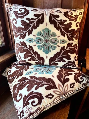 Vintage Moroccan Pillow Cushions in Chenille Turquoise and Brown Set/Two  24" - Image 1 of 4