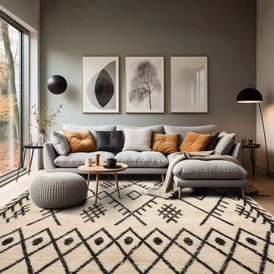 5'x7' Hand Knotted Afghan Moroccan 100% Wool Modern Area Rug Ivory Black - Image 1 of 4