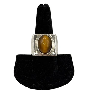 Anello vintage argento sterling 925 grosso ovale occhio di tigre misura 10 pietra preziosa cabachon - Foto 1 di 12
