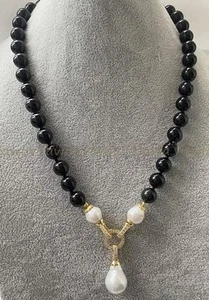 Black Obsidian Round Gemstone Beads White Keshi Baroque Pearl Pendant Necklace - Picture 1 of 10