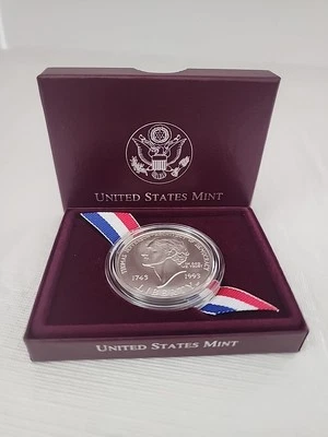 1993 Thomas Jefferson 250th Anniversary BU 90% Silver Dollar Coin Box and COA - Image 1 of 4