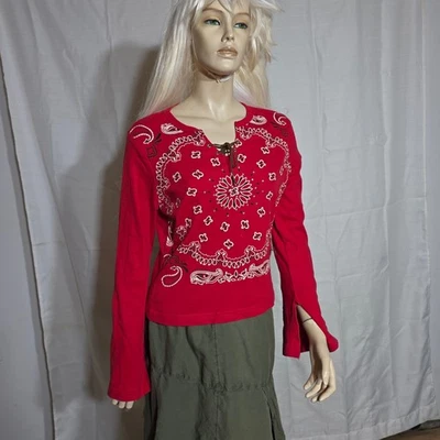 Fresh Wear Top Womens L Red Bandana Print Baby Tee Shirt VTG Y2K Cowgirl Rodeo - Image 1 of 4