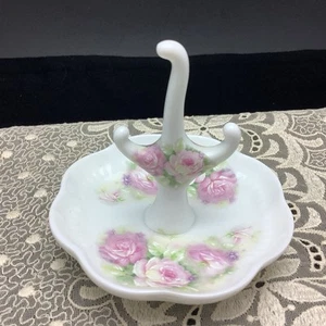 Vintage Porzellan Handbemalt Ring Halter Schmuck Schale Floral Rosa Signiert - Bild 1 von 7