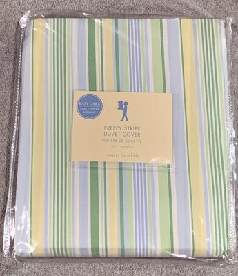 Pottery Barn Kids Preppy Stripe Duvet Cover Green/Yellow/Blue/White Stripe-NIP - Image 1 of 4