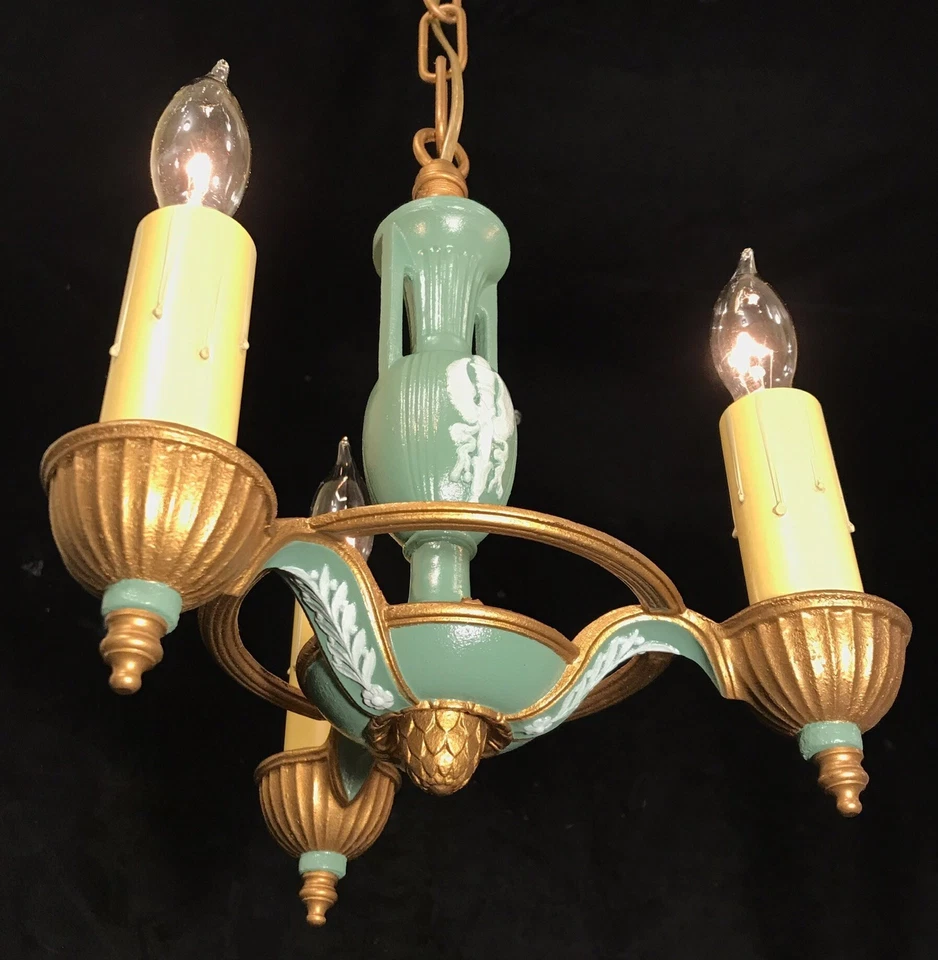 Antiguo accesorio colgante de salón de 3 luces de colección Imperio Francés victoriano policromado Foto 1 de 4