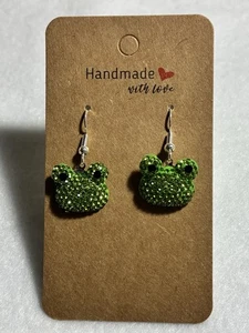Frog Head Dangle Earrings Green Rhinestone Hypoallergenic Hooks 1" NEW - Picture 1 of 2