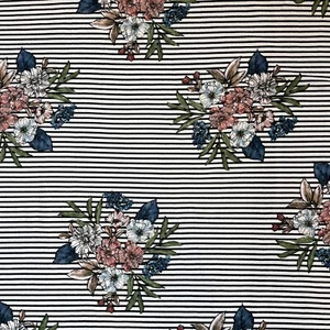 Cream & Black Striped With Flowers Liverpool  Knit Fabric 7/8 Yard Piece - Picture 1 of 4
