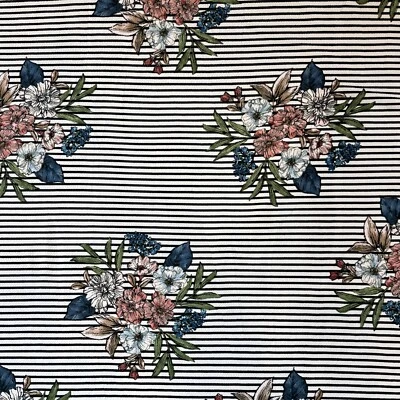 Cream & Black Striped With Flowers Liverpool  Knit Fabric 7/8 Yard Piece - Image 1 of 4