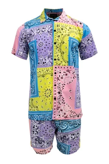 Conjunto de camisa y pantalones cortos REASON para hombre color pastel bloque bandana VS1-04-SET Foto 1 de 1