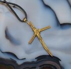 Wire Gold Tone Cross Necklace on Black Cord 26" Adjust by Re Knotting