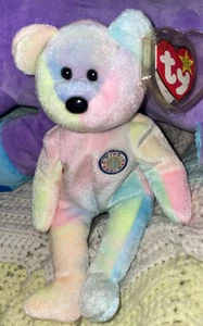 Birthday Bear RARE TY Original MINT Rainbow 1999 retired Beanie Babies Tag Cover - Bild 1 von 8