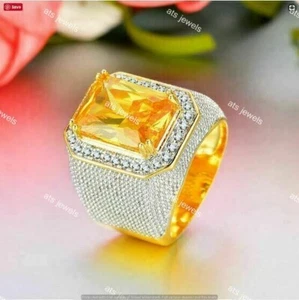 Men's 4 CT Emerald Cut Lab-Created Citrine Wedding Ring 14K Yellow Gold Plated - Picture 1 of 2