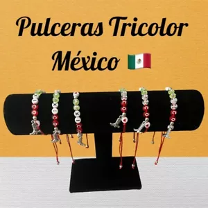 2 Pulseras Tricolor Mexico Hilo Rojo Dije de Acero Inoxidable Cuentas Acrílico - Picture 1 of 2