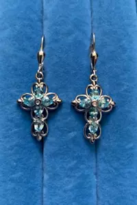Cambodian Blue Zircon Lever Back Cross Earrings in Platinum Over Sterling Silver - Picture 1 of 5