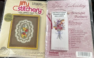 Lot of 2 Stitchery Kits 1 Jiffy & 1 Ribbon Embroidery Lace Cameo Tulip/Bouquet - Picture 1 of 5