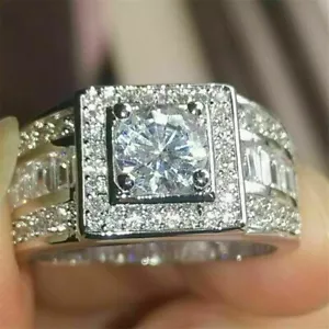 4Ct Round & baguette Lab Created Diamond Men Cluster Wedding Ring 925 Silver - Picture 1 of 8